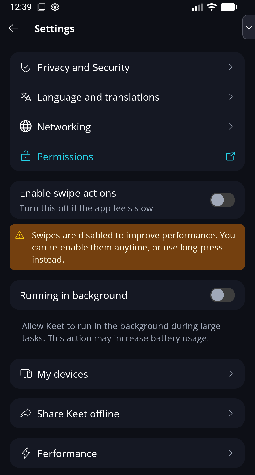 Moving to the New Android APK Build Β· Save a copy Keet Settings screen on Android with the Share Keet offline option.