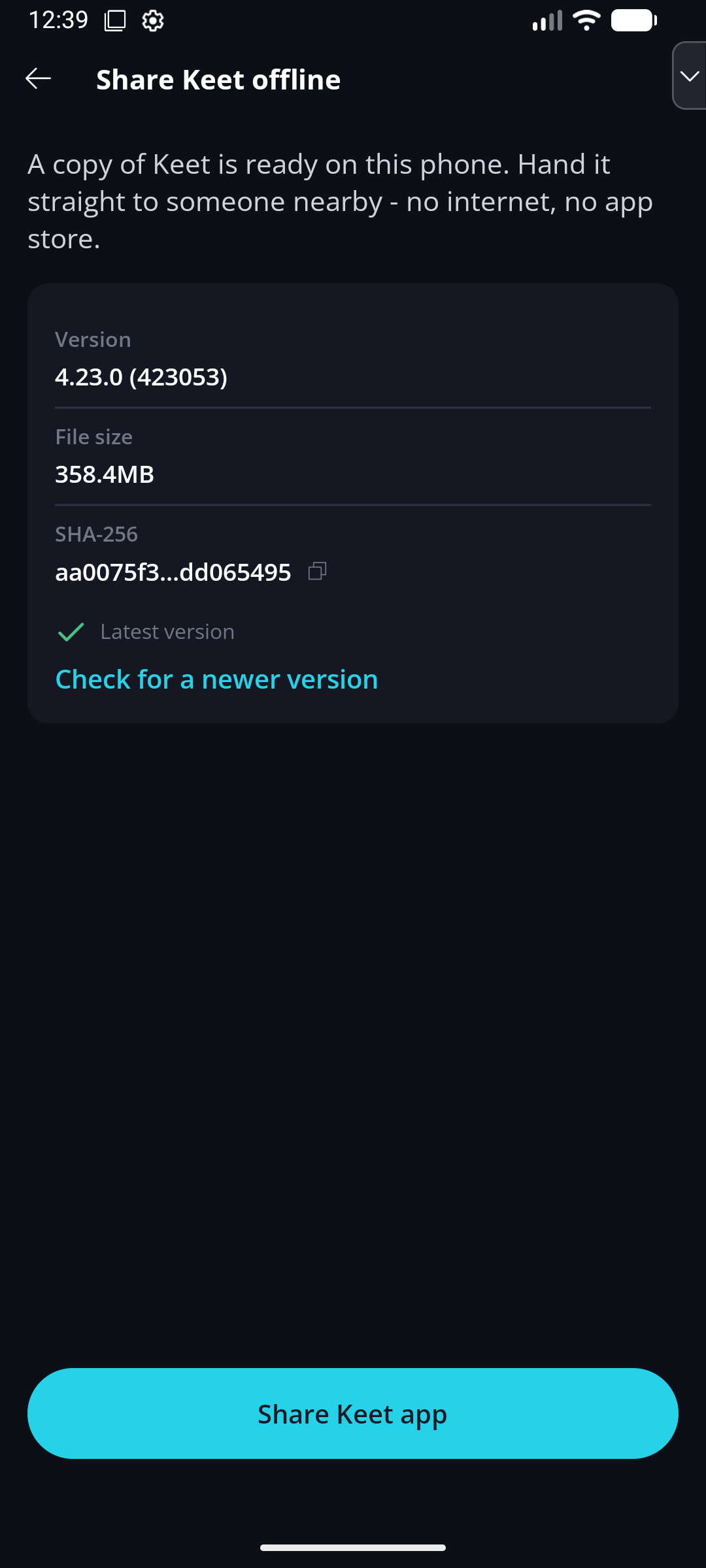 Moving to the New Android APK Build Β· Save a copy Share Keet offline screen showing a saved copy of Keet marked as the latest version.