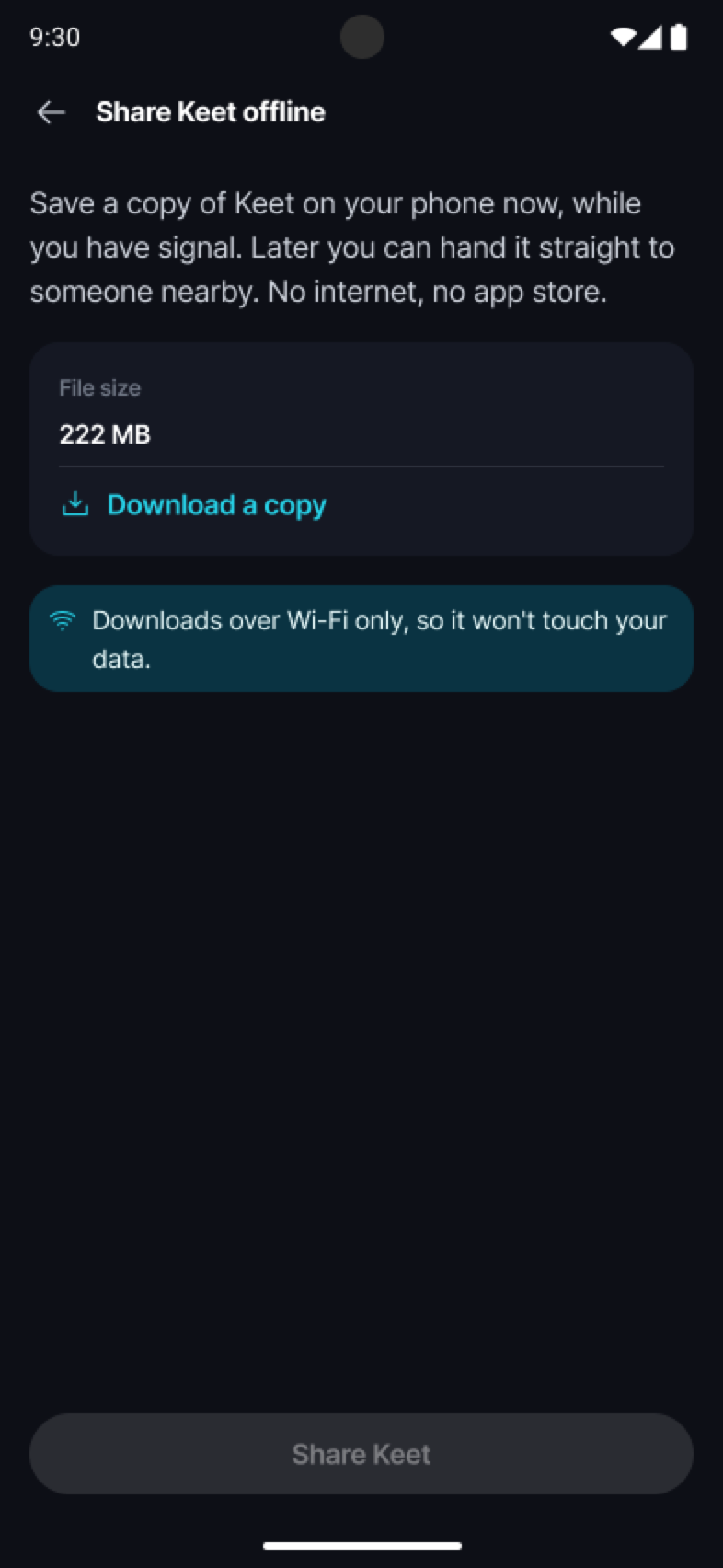 Moving to the New Android APK Build Β· Save a copy Share Keet offline screen with the Download a copy option.